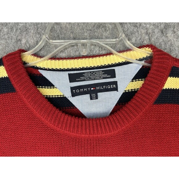 Tommy Hilfiger Men's XXL Red Sweater 100% Cotton Classic Casual Striped Heavy - Picture 7 of 7